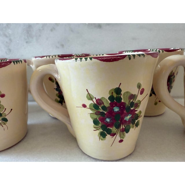 Mid 20th Century Set of 6 Lamas Pottery Coffee Mugs With Hand Painted Floral Design For Sale - Image 5 of 11