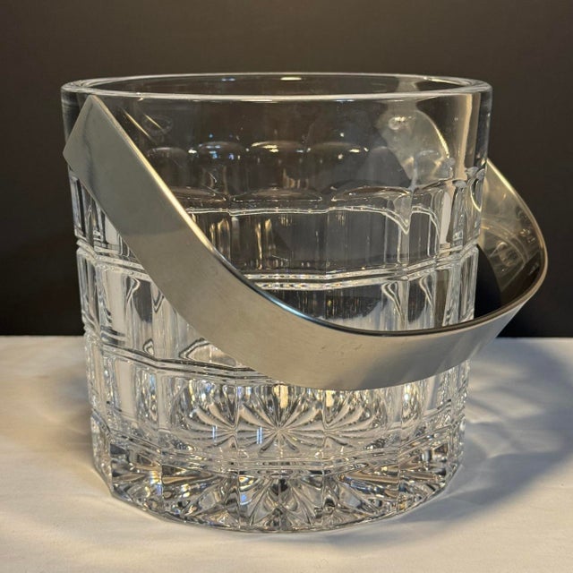 Art Deco Vintage Slovenia Crystal Window Pane Pattern Ice Bucket Nickel Metal Handle For Sale - Image 3 of 11