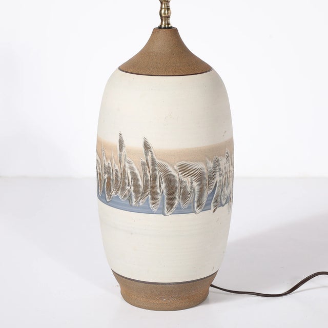 Pair of Mid-Century Modernist Off White Ceramic Table Lamps W/ Banded Detailing For Sale - Image 4 of 12