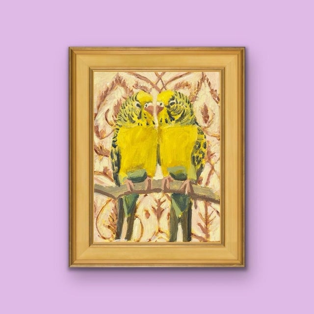 An original painting featuring two vibrant yellow birds perched side by side in a moment of quiet affection. Their...