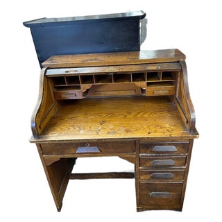 Antique Tiger Oak Roll Top Desk, Accordion Style, 5 Drawers, Solid Wood For Sale