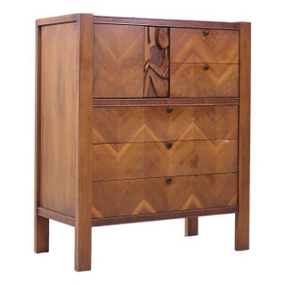 United Tiki Brutalist Mid Century Walnut Gentleman’s Chest Highboy Dresser For Sale