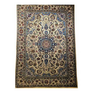 Vintage Tabriz Design Area Rug, Hand-Knotted Wool, Floral Pattern, Ivory & Blue, 6x8 For Sale