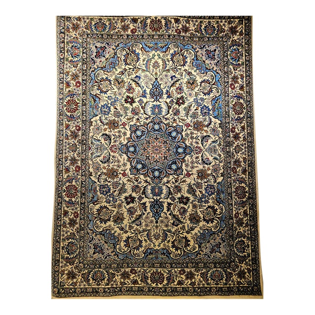 Vintage Tabriz Design Area Rug, Hand-Knotted Wool, Floral Pattern, Ivory & Blue, 6x8 For Sale