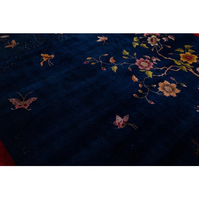Antique Art Deco Chinese Handmade Floral Blue Wool Rug For Sale - Image 9 of 13