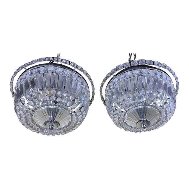 Matching Pair of Vintage-Style Crystal Flush Mount Ceiling Lights / Chandelier For Sale