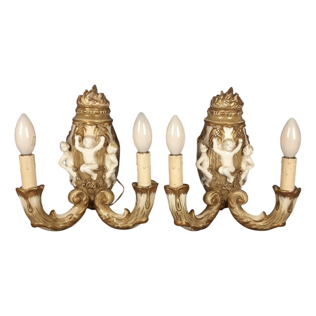 Baroque Style Wall Sconces with Cherubs from Capodimonte, 1960s, Set of 2 For Sale