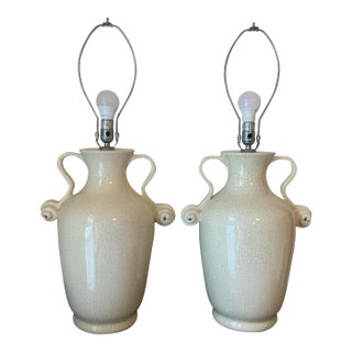 Large Cream White Crackle‑Glaze Urn Lamps With Scroll Handles – 30” - A Pair For Sale
