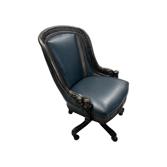 Hancock & Moore Late 20th Century Hancock and Moore Intricately Carved Blue Swivel Office Chair For Sale - Image 4 of 8