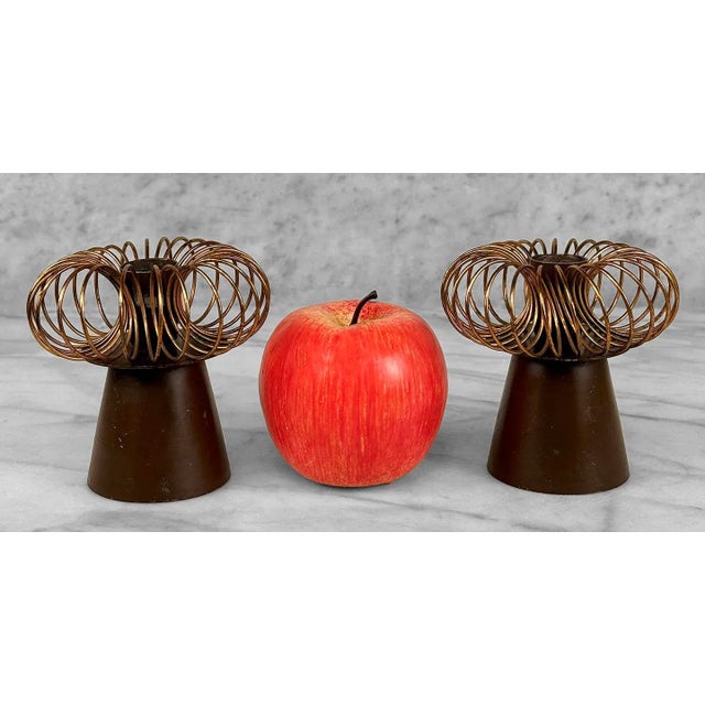 A Pair of Atomic Copper Spring Candlestick Holders, c.1960's - Pairs Nicely with Many Mid-Century & Eclectic Interiors -...