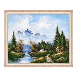Signed Mountain, Cabin and Waterfall Landscape Painting on Canvas in Ribbed Frame For Sale