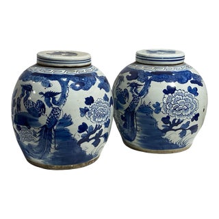 Chinese Lg B & W Phoenix Porcelain Ginger Jars 12" Set of Two For Sale