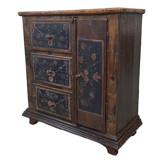 Antique Romanian Folk Painted Pine Cupboard With Drawers and a Door For Sale