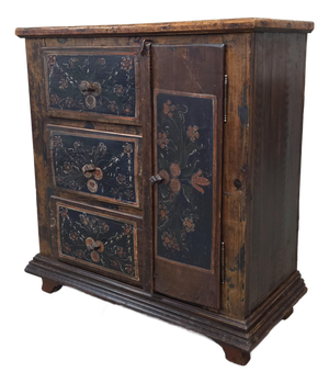 Antique Romanian Folk Painted Pine Cupboard With Drawers and a Door