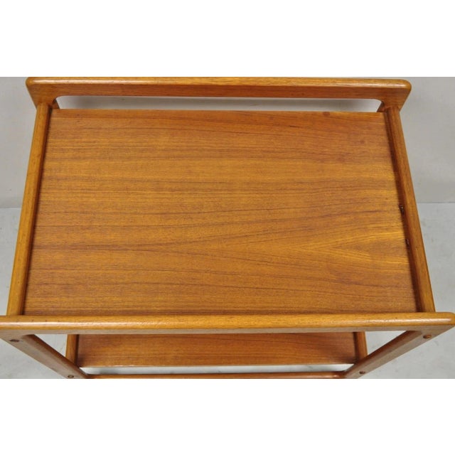 Vintage Mid Century Danish Modern Teak Wood 2 Tier Rolling Bar Cart Side Table For Sale - Image 4 of 12