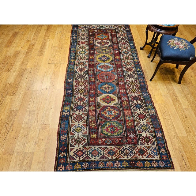 19th Century Antique Caucasian Kazak Runner, Handwoven Wool, Medallion Geometric Design, 4' x 10' For Sale - Image 5 of 18
