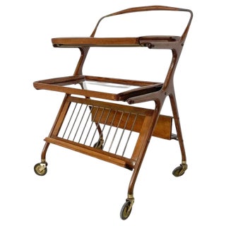 Mid-Century Modern Walnut and Brass Trolley attributed to Cesare Lacca for Cassina, 1950s For Sale