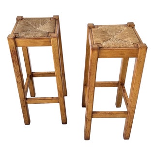 Brutalist High Stool in Wood and Woven Straw, 1960s For Sale