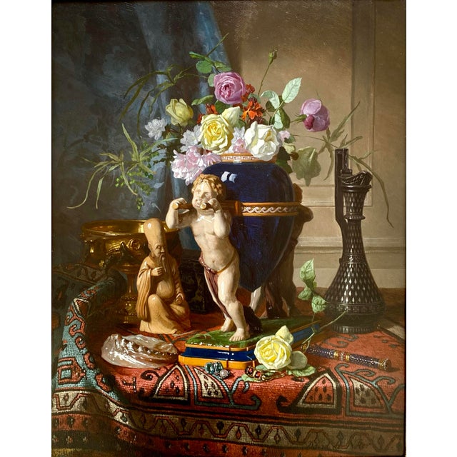 David De Noter Ghent 1818 – 1892 Bologhine Belgian Painter 'Still Life with a Lapis Lazuli Coloured Flower Vase on a...