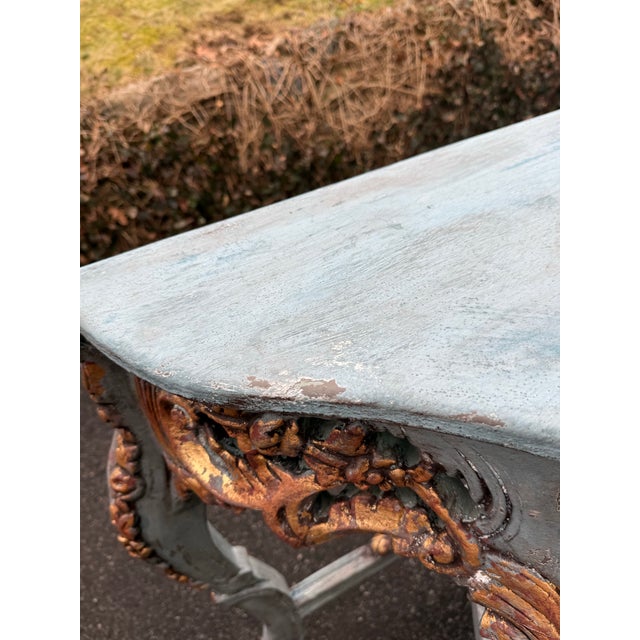 Blue Ornately Carved Hand Painted Parcel Gilt Console / Hall Table For Sale - Image 8 of 12