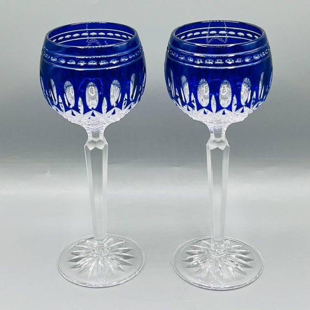 Vintage Crystal Clarendon Hock Wine Glasses from Waterford, Blue Cut in Clear, 1980s, Set of 2 For Sale - Image 16 of 16