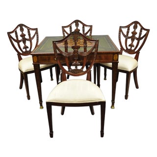 Maitland Smith Marquetry Inlay Leather Mahogany Game Table & 4 Shield Back Chair For Sale