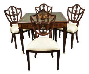 Maitland Smith Marquetry Inlay Leather Mahogany Game Table & 4 Shield Back Chair