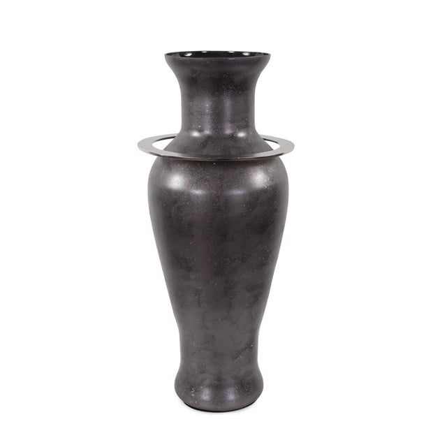 Black Ore Glass Vase with metal accent - Large For Sale In Chicago - Image 6 of 11