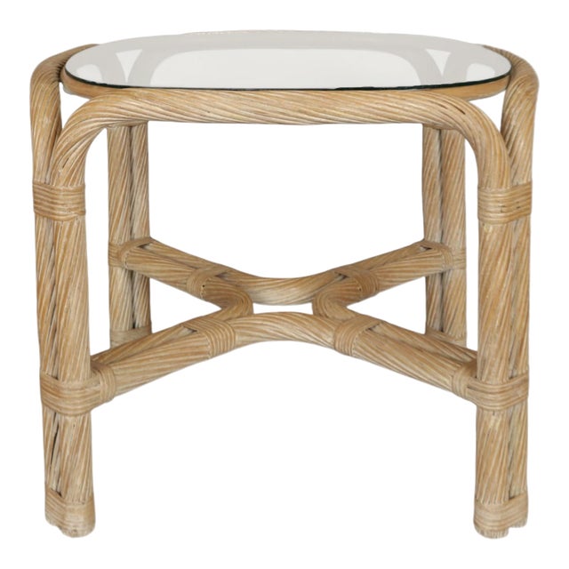 Rattan and Bamboo Glass Top Side Table For Sale