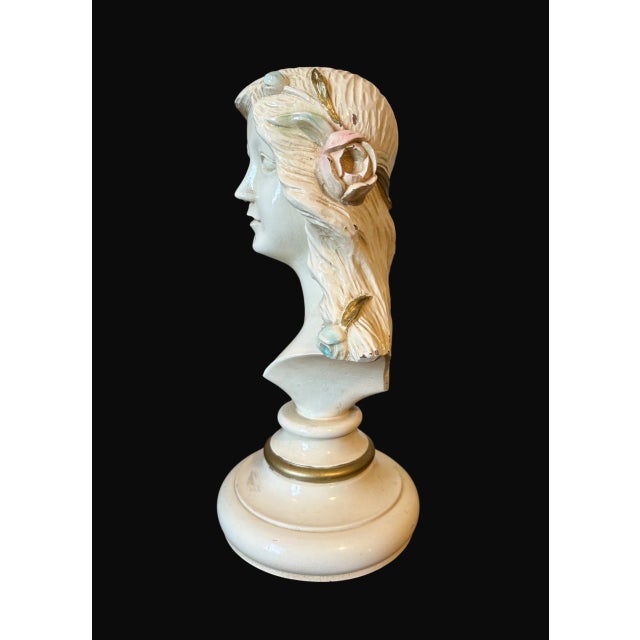 Mid 20th Century Vintage Art Nouveau Carved Wood Bust Sculpture of Lady W/Flower in Hair For Sale - Image 5 of 7