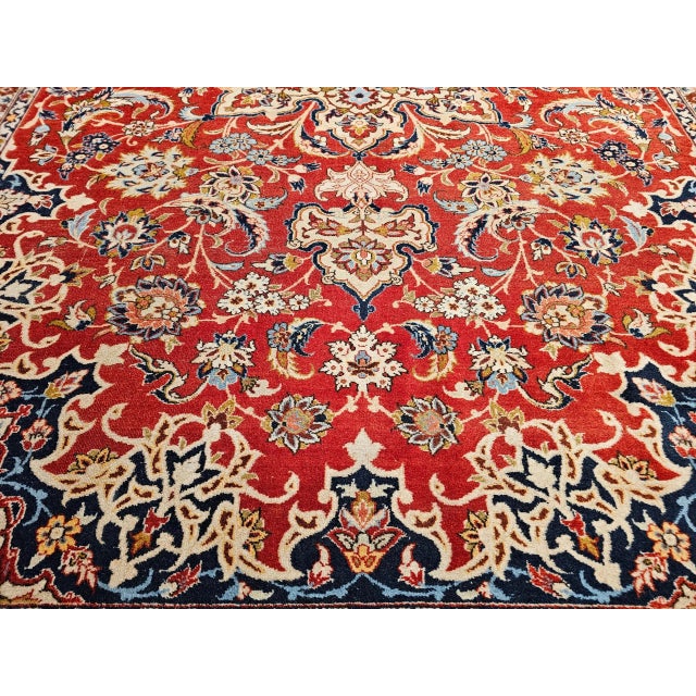 Vintage Room Size Persian Isfahan Rug, Handwoven Floral Pattern, Red & Blue, 9’ X 12’ For Sale - Image 11 of 12