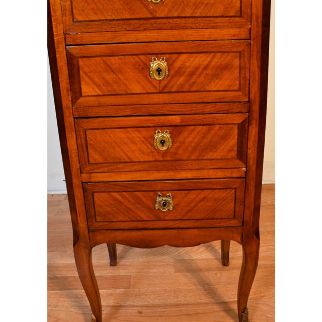 1920s Antique French Louis XV Walnut Satinwood Inlay & Marble Top Lingerie Stand For Sale - Image 4 of 18