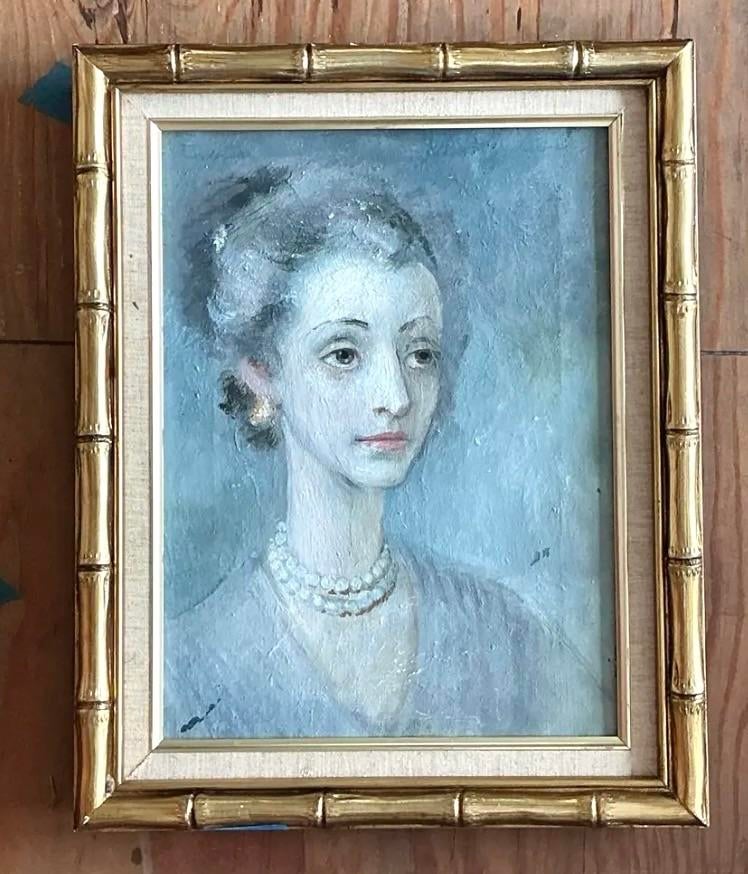 Vintage Original Portrait of Woman on Canvas - Detail view