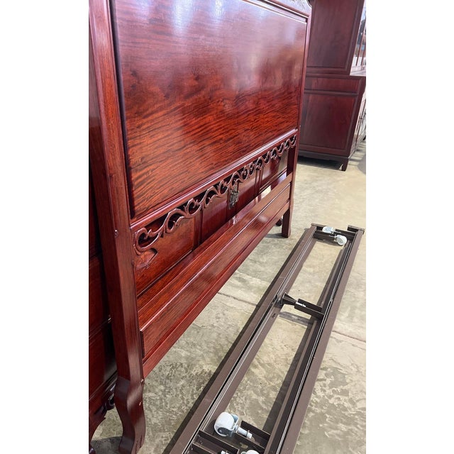 Vintage Chinese Carved Rosewood Full Size Headboard With Metal Bed Frame For Sale - Image 10 of 10