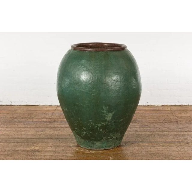 Large Thai 1950s Green Glazed Ceramic Planter with Brown Lip & Tapering Body For Sale - Image 4 of 13