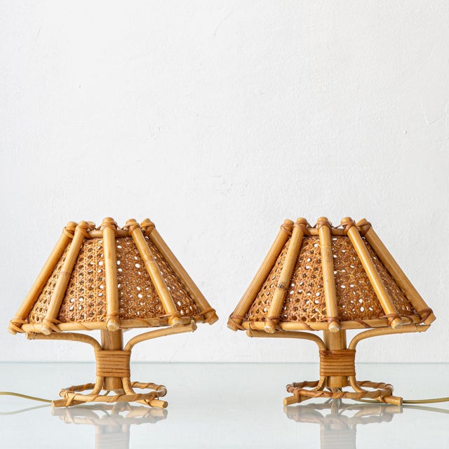 1960s Vintage French Riviera Rattan Table Lamps in the style of Louis Sognot, 1960s, Set of 2 For Sale - Image 5 of 12
