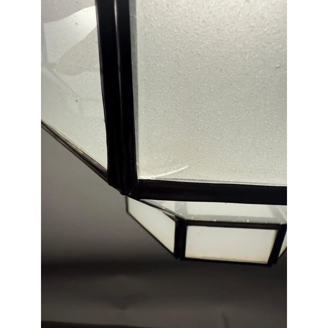 1990s Art Deco Style Frosted White Milk Glass & Bronze Octagonal Pendant - a Pair For Sale - Image 14 of 15