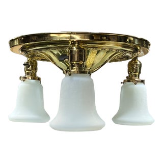 1920s Polished Brass Pan 3 Light With Vintage Shades For Sale