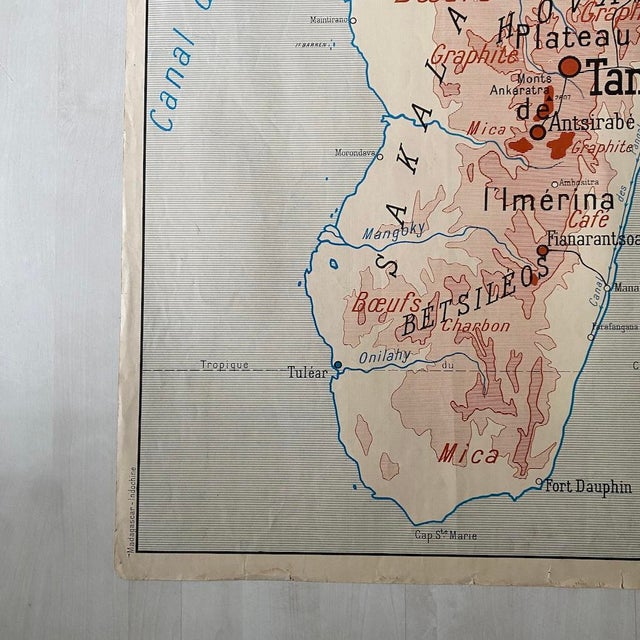 Vintage School Map of Indochina and Madagascar, 1950s, in Worn conditions. Designed 1950 to 1959