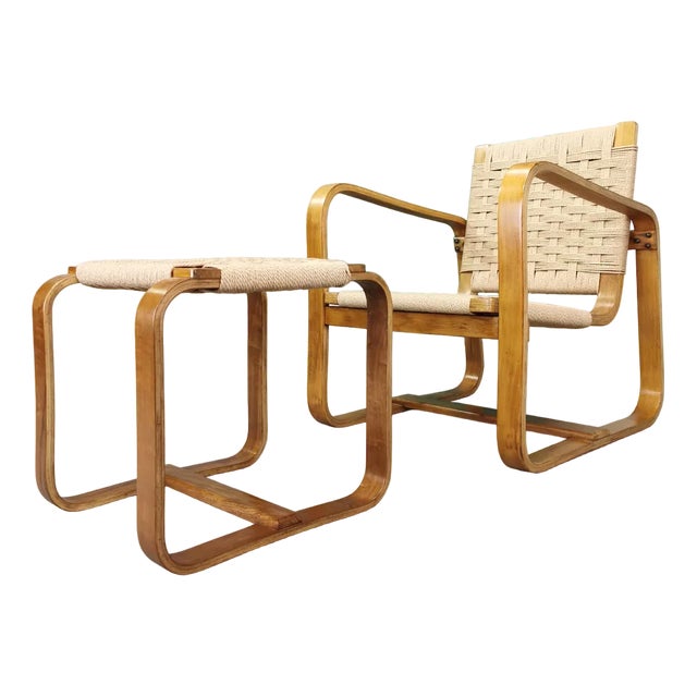 Set of Rationalist Armchair and Pouf by Giuseppe Pagano for Arredi Bocconi, 1938 For Sale
