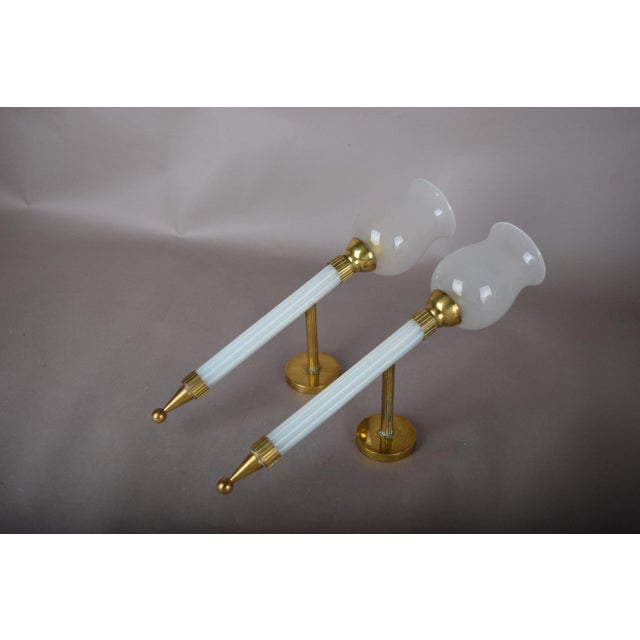 French Blue Opaline Glass and Brass Torch Wall Sconces with Glass Shades, 1950s, Set of 2 For Sale - Image 6 of 15