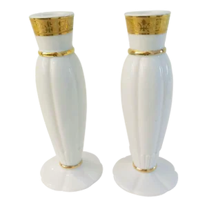 1990s Macey's Gold Buffet Porcelain Candle Holders, a Pair