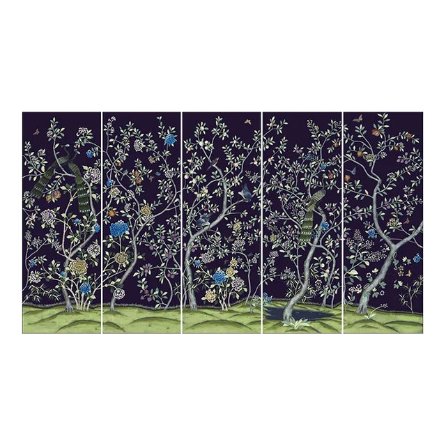 Chinoiserie Navy Blue Chinoiserie Peacock Garden Wallpaper, Peacock and Peony - Set of 5 For Sale - Image 3 of 6