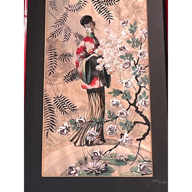 Red Vintage Mid Century Chinoiserie Pair Framed Prints D. Voaguest Red Faux Bamboo 24" For Sale - Image 8 of 12