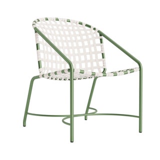 Brown Jordan Kantan Aluminum Arm Chair in Bay Leaf with White Suncloth Strapping For Sale