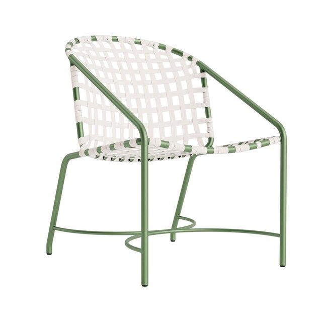 Brown Jordan Kantan Aluminum Arm Chair in Bay Leaf with White Suncloth Strapping For Sale