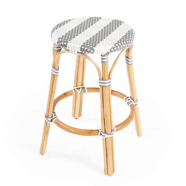Dove Gray Tobias 24 in. Seat Height Round Rattan Backless Counter Stool, Gray/White Stripe/ Natural Rattan Frame For Sale - Image 8 of 8