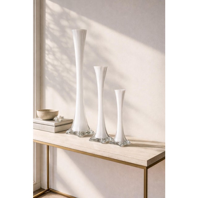 Mid-Century Modern Graduated Sculptural Opaline Cased Art Glass Trumpet Vases – Set of Three (27.5”, 15.5”, 12.25”) For Sale - Image 3 of 7