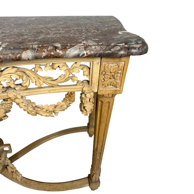 Antique Louis XVI Console Table, Carved Pine & Marble Top, 1870 For Sale - Image 4 of 10