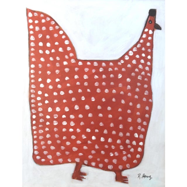 Abstract Folk Art Red Chicken Hen Rooster Painting Ruth Arenz Including the Antiqued Gold Wood Frame For Sale - Image 3 of 5